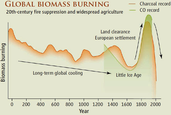 Сопоставление количества захороненного угля (см. J. R. Marlon et al., 2008) и оценок сгоревшей растительной биомассы за последние 650 лет, рассчитанных по CO. В работе Марлона с коллегами показано, что количество угля на всех континентах и в обоих полушариях менялось синхронно. График из обсуждаемого синопсиса «The Burning Issue» в Science
