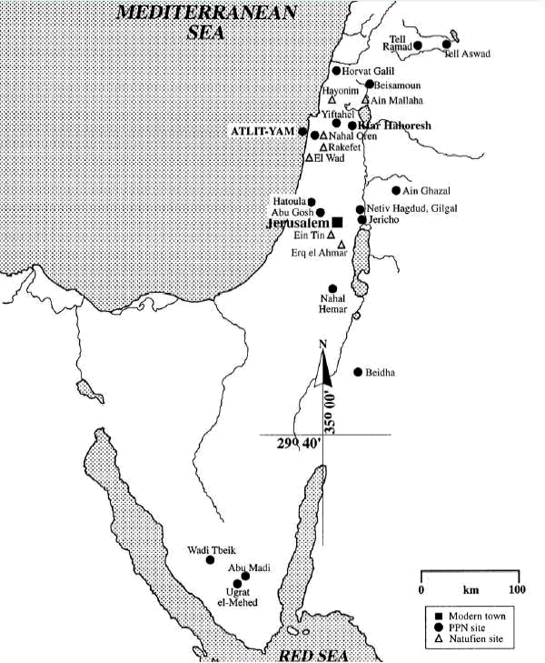 Карта местонахождений, где были найдены кости натуфийцев (треугольники) и представителей докерамической неолитической культуры (кружки). Рис. из обсуждаемой статьи в American Journal of Physical Anthropology