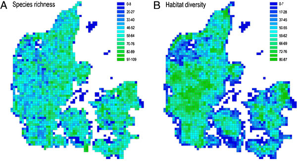 Видовое богатство птиц (A) и разнообразие местообитаний (B) по всей территории Дании. Простое сопоставление этих картинок показывает, что в материковой части разнообразие видов птиц плохо соответствует разнообразию местообитаний. Рис. из статьи: Gotelli et al. в PNAS