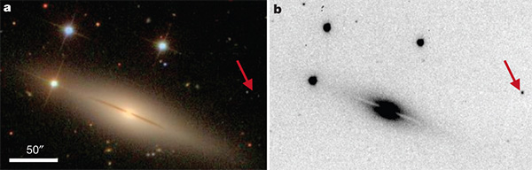 a  NGC1032,       (Sloan Digital Sky Survey, SDSS),        SN2005E.  ,           . b  SN2005E (  )       (Lick Observatory Supernova Search, LOSS) 13 2005.     Perets etal.  Nature