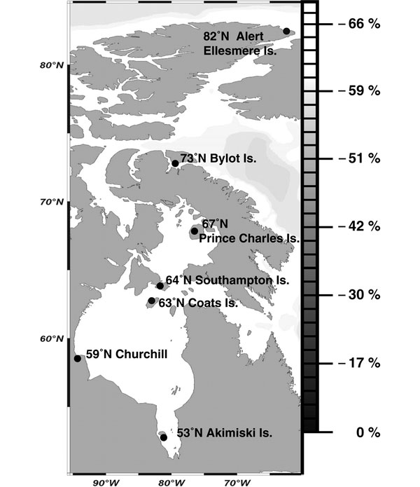 Обширная область северо-восточной части Северной Америки (Гудзонов залив, к северо-востоку — море Баффина и кусочек Гренландии), где проводились исследования. Рис. из обсуждаемой статьи в Science