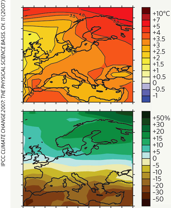 Рис. 1. Прогноз изменений температуры (верхняя панель) и осадков (нижняя панель) в Западной Европе на конец XXI столетия. Видно, что температура в Европе повысится в среднем на 3 градуса, а вот осадков будет существенно больше выпадать на севере и существенно меньше на юге (где неизбежны сильные засухи). Карта из: IPCC CLIMATE CHANGE 2007: THE PHYSICAL SCIENCE BASIS. CH. 11 (2007). Из обсуждаемой статьи Куирина Ширмайера в Nature