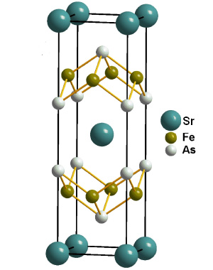 Рис. 2. Кристаллическая структура сверхпроводника SrFe2As2. Рисунок из статьи Patricia L. Alireza, et al. Superconductivity up to 29 K in SrFe2As2 and BaFe2As2 at high pressures