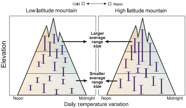 Суточные изменения температуры в тропиках (левый рисунок) и в высоких широтах (правый рисунок) практически одинаковы, но в обоих случаях они гораздо сильнее выражены на большой высоте, чем в нижних частях гор. Соответственно, и диапазоны высот обитания для видов, живущих выше в горах, более широкие, чем для тех, которые обитают на небольшой высоте. Рис. из обсуждаемой статьи Кристи Маккейн
