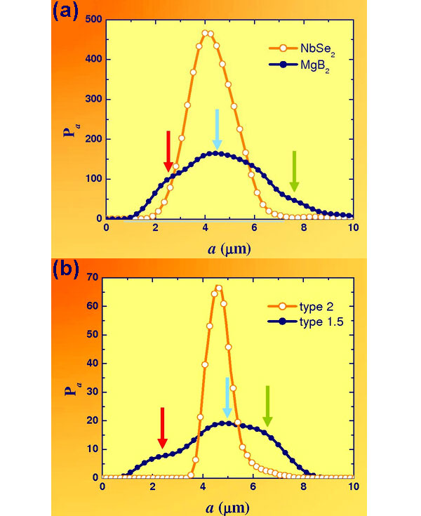Распределение расстояний между соседними вихрями для диборида магния (синяя кривая) и диселенида ниобия (оранжевая кривая)