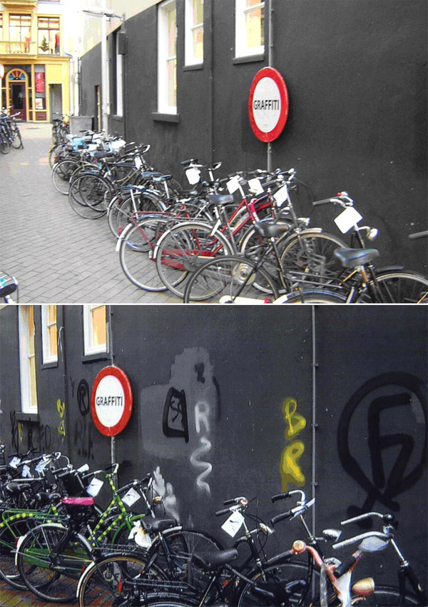 Если прицепить бумажку к велосипеду, стоящему у разрисованной стены, велосипедист, скорее всего, бросит ее на землю, если же стена чистая — заберет с собой, чтобы потом выбросить в урну. Фото из обсуждаемой статьи в Science