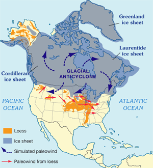 Рис. 1. Североамериканский ледниковый щит (показан синим) мог играть ключевую роль в смене темпа оледенений, произошедшей миллион лет назад. Изображение с сайта esp.cr.usgs.gov