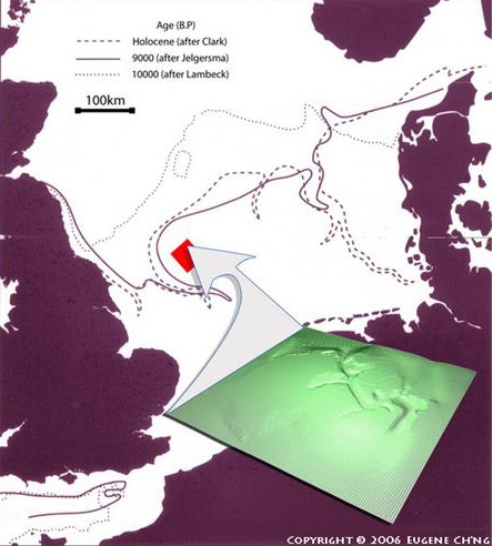 Карта современной северной Европы с контурами береговой линии 10 и 9 тысяч лет назад. На врезке — рельеф мезолитического Доггерлэнда. Рис. с сайта www.opennature.org