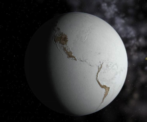 Образ замороженной Земли (Snowball Earth). Толстый слой льда, покрывающий Землю, исключает возможность фотосинтеза. Конечно, современных материков, изображенных на картинке, в неопротерозое еще не было. Изображение с сайта www.celestiamotherlode.net