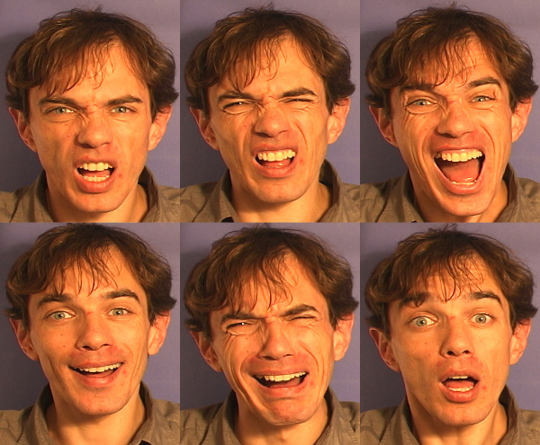 Шесть основных эмоций: гнев, отвращение, страх, радость, горе, удивление (фото с сайта vnl.psy.gla.ac.uk)