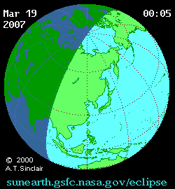 Анимация движения лунной полутени по поверхности Земли 19 марта 2007 года