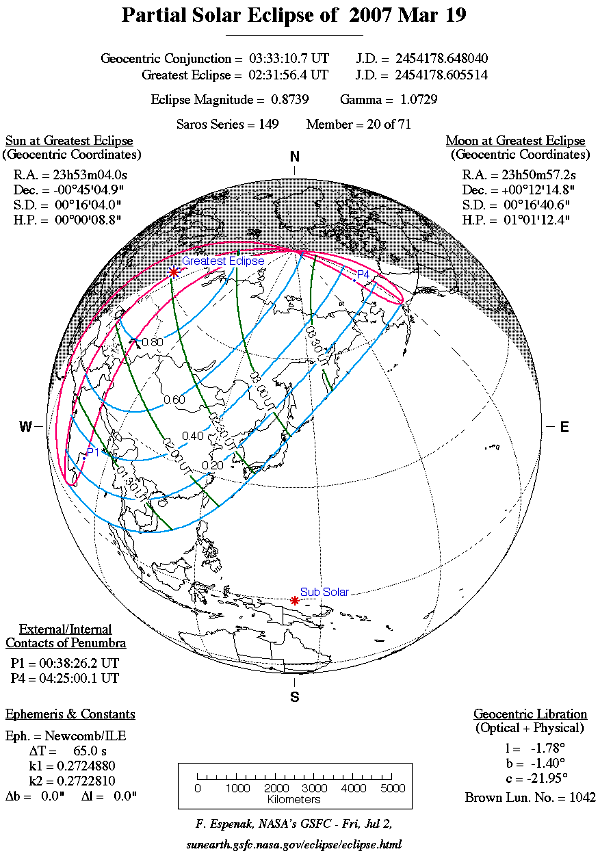 Карта-схема солнечного затмения 19 марта 2007 года (время всемирное!). Рис. с сайта sunearth.gsfc.nasa.gov/eclipse
