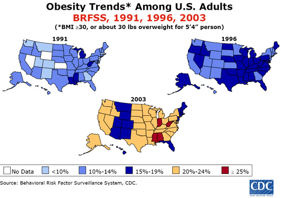 «Эпидемия» ожирения в США: показан процент взрослых людей, имеющих 14 и более кг лишнего веса (изображение с сайта hcgobesity.org). Еще нагляднее это видно на анимации
