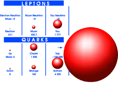 Рис. 2. Схематическое изображение фундаментальных частиц материи: объем шара примерно соответствует массе частицы (изображение с сайта www-d0.fnal.gov)