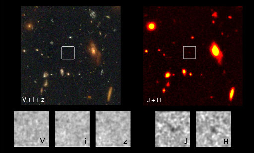 В белой рамочке — галактика с красным смещением 7,4, обнаруженная в обзоре неба HUDF. Такая она через 700 млн лет после Большого взрыва. Галактика отчетливо видна в инфракрасном диапазоне (справа), но не видна в оптическом (слева). Буквы V, i, z, J, H соответствуют разным примененным фильтрам. Изображение с сайта firstgalaxies.ucolick.org