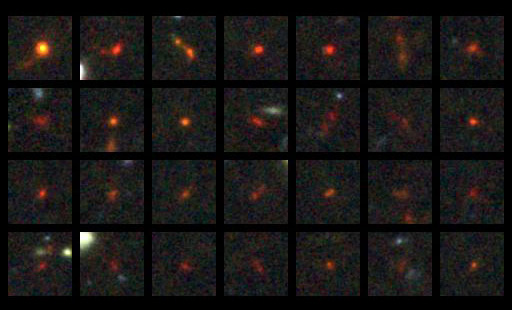 28 ярких галактик с красным смещением 6 (через 900 млн лет после Большого взрыва) из обзора HUDF. Изображение с сайта firstgalaxies.ucolick.org