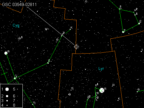 Расположение звезды GSC 03549-02811 на звездной карте. Изображение: Guide8.0