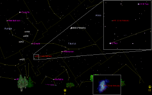 Вид звездного неба в предрассветные часы августа. М1 (Crab Nebula) находится в 1 градусе севернее дзеты Тельца (изображение StarryNightBackyard 3.11)