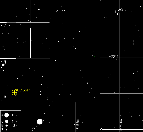Крупномасштабный участок карты звездного неба в созвездии Змееносца. Интересующая нас двойная звезда находится в правом верхнем углу и отмечена латинскими буквами RS
