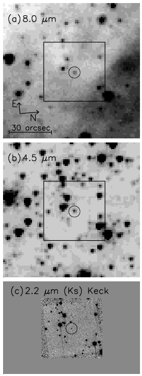 Изображения аномального пульсара 4U 0142+61, сделанные на разных волнах инфракрасного диапазона спектра. Два верхних изображения — на длине волны 8,5 и 4,5 микрона — получены на космическом инфракрасном телескопе «Спитцер». Нижнее (длина волны 2,2 микрона) — на наземном телескопе им. Кека (из статьи Z.Wang et al., astro-ph/0604076)