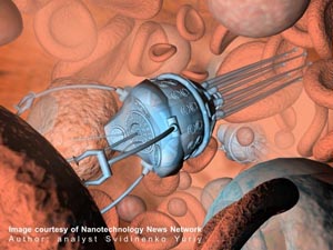 Так художник представляет себе работу микроскопического робота, который, путешествуя по кровеносным сосудам, находит поврежденные кровяные тельца и лечит их (изображение с сайта www.nanotech-now.com)