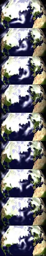 Развитие атлантического циклона, смоделированное программой climateprediction.net. Между кадрами 12 часов модельного времени