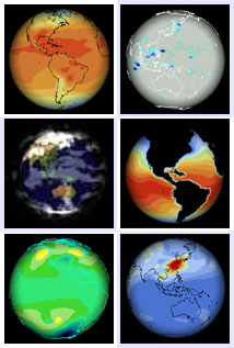 Основные варианты отображения текущих результатов расчета (сверху вниз, слева направо): температура, облачный покров, атмосферное давление, осадки, температура поверхности океана, выбросы серных аэрозолей (рис. с сайта bbc.cpdn.org)