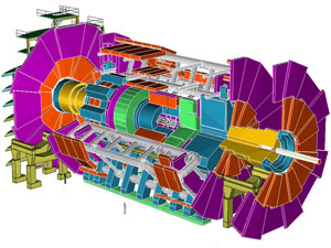 Детектор эксперимента ATLAS столь огромен, что человек (маленький серенький штришок внизу) в том же масштабе едва заметен. Этот и другие эксперименты на коллайдере LHC заставляют сбиваться в крупные коллаборации не только экспериментаторов, но и теоретиков (изображение с сайта www-atlas.lbl.gov)