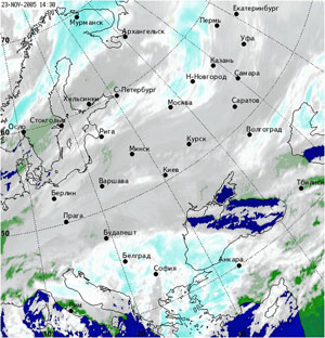 Карта облачности НИЦ «Планета» по данным спутника METEOSAT-7 на 17:30 (моск. время) 23 ноября 2005 года (изображение с сайта planeta.infospace.ru)