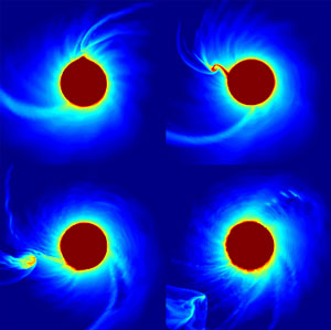 Результаты моделирования взаимодействия звездного ветра звезды-сверхгиганта с нейтронной звездой (рисунок с сайта www.esa.int, JM Blondin, North Carolina State University)