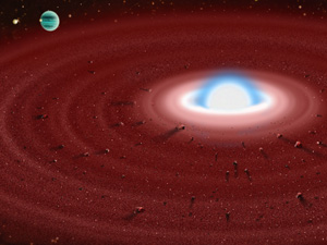 Примерно так может выглядеть пылевой диск вокруг белого карлика GD 362. Благодаря более далеким планетам (слева вверху) может происходить непрекращающаяся «подпитка» пылевого кольца (изображение с сайта www.gemini.edu. Автор: Jon Lomberg)