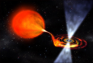 На этой иллюстрации изображен пульсар диаметром 20 км, вытягивающий раскаленный газ из своей соседки (газ светится в рентгеновских лучах). Изображение с сайта www.esa.int