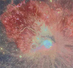 На этом мультиспектральном снимке, сделанном с борта исследовательского зонда «Клементина», хорошо виден кратер Аристарх (голубоватое пятно) и выброшенная при его образовании пыль и многочисленные обломки. Фото с сайта www.newscientistspace.com