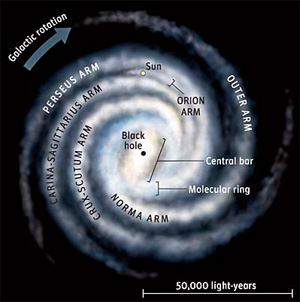 Галактика Млечный Путь имеет форму диска. На рисунке показаны спиральные рукава — дугообразные звездные облака. Когда Солнце движется по галактической орбите, оно периодически проходит через спиральные рукава. Сейчас наша Солнечная система находится в небольшой спиральной ветви — Рукаве Ориона (Sky & Telescope, изображение с сайта sfgate.com)