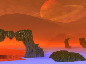 Еще недавно ученые были уверены, что поверхность Титана залита океанами жидкого метана (картина Алена Боррела «Титан. Холодный ад» — Alain Borrel "Titan. The cold Hell"). Изображение с сайта www.irtc.org