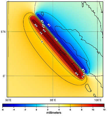 Во время землетрясения на Суматре на дне океана образовался рубец, из-за чего геоид прогнулся почти на 18 миллиметров. Изменения геоида, направленные вверх, показаны красным, вниз — синим (изображение с сайта www.esa.int)